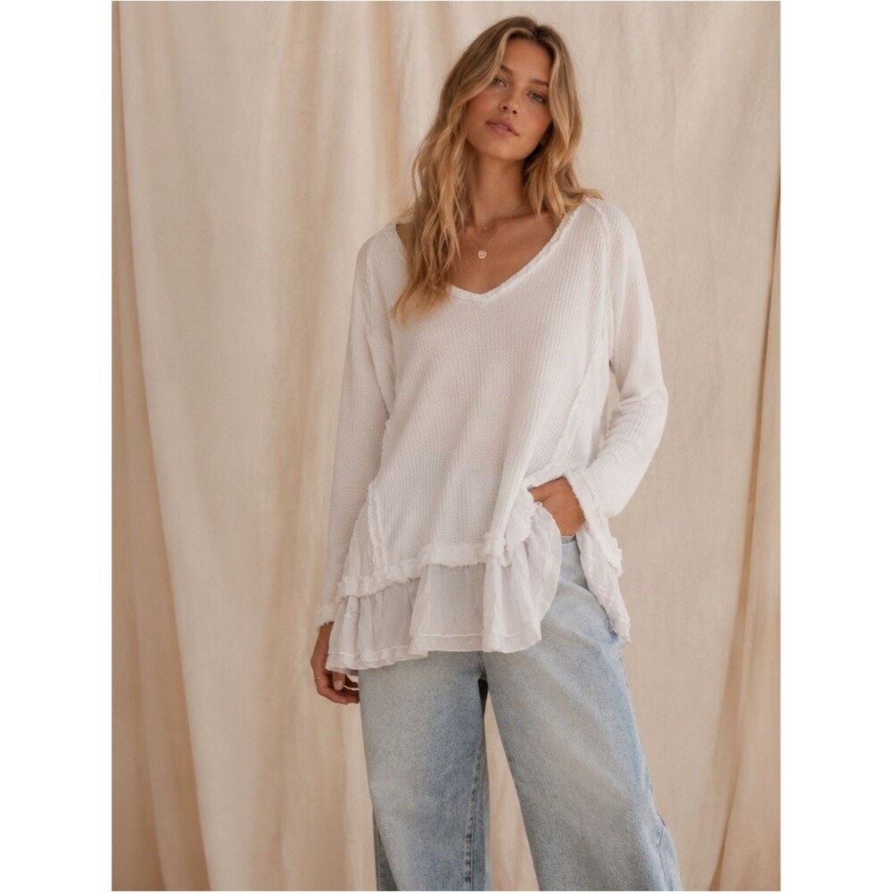 We The Free Waffle Knit V-Neck Ruffle Hem Long Sleeve Top White XS Boho